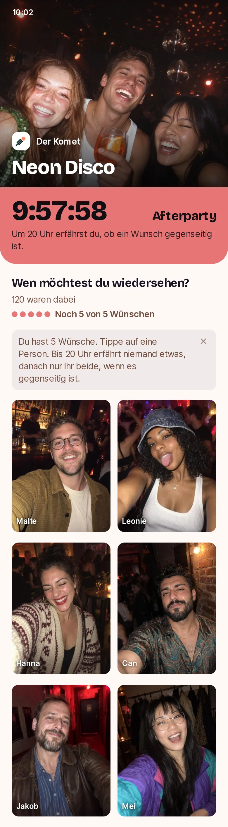Beispiel der Afterparty von Neon Disco im Komet, einem erfundenen Beispielveranstalter: die Gesichter vom Abend, ein Countdown bis 20 Uhr und bis zu fünf Wünsche