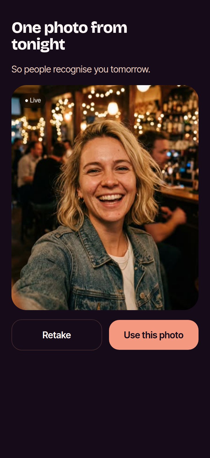 The selfie at check-in in the app