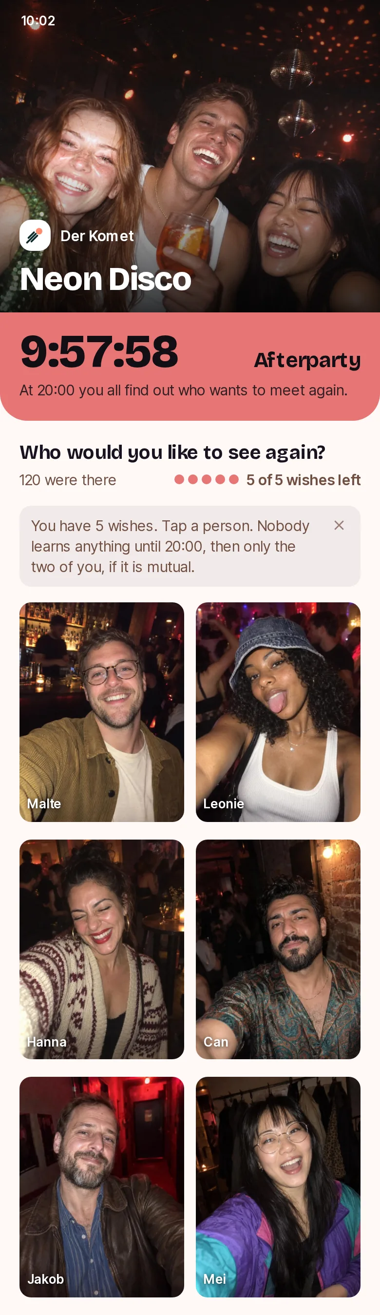Example of the afterparty of Neon Disco at Der Komet, an invented sample host: the faces from the evening, a countdown to 8 pm and up to five wishes