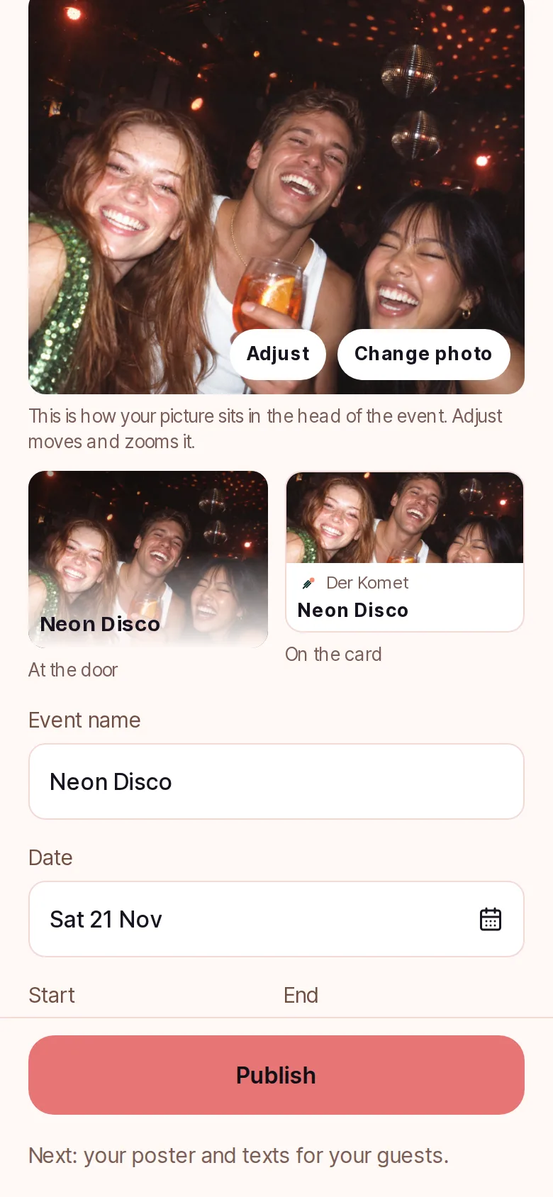 Example of creating an event: name, date and cover photo, with the logo and colour from the host profile