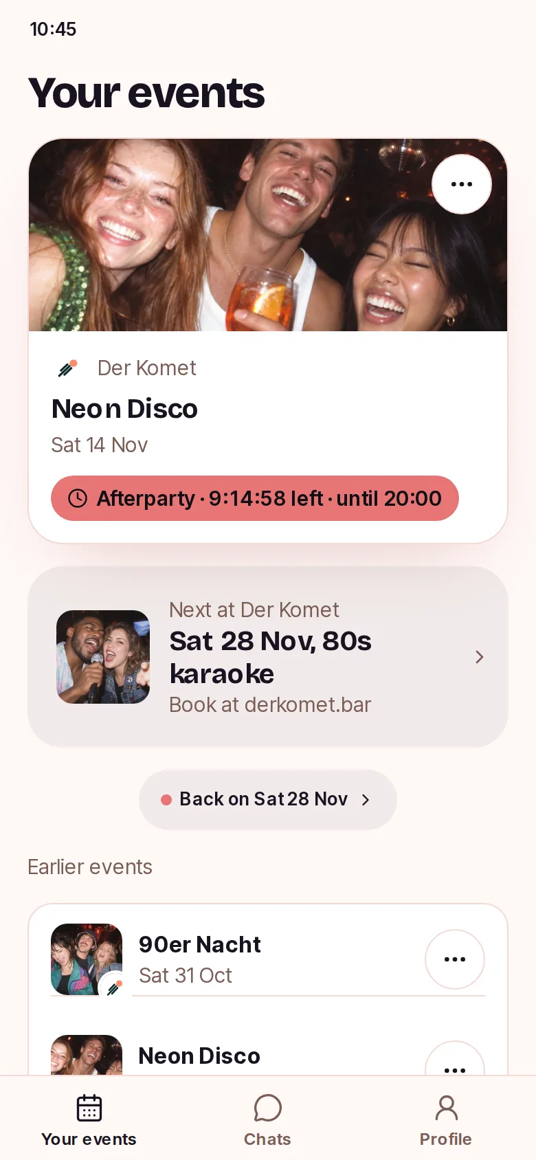 Example of the guest view the morning after: the afterparty of Der Komet and right below the next event, 80s karaoke