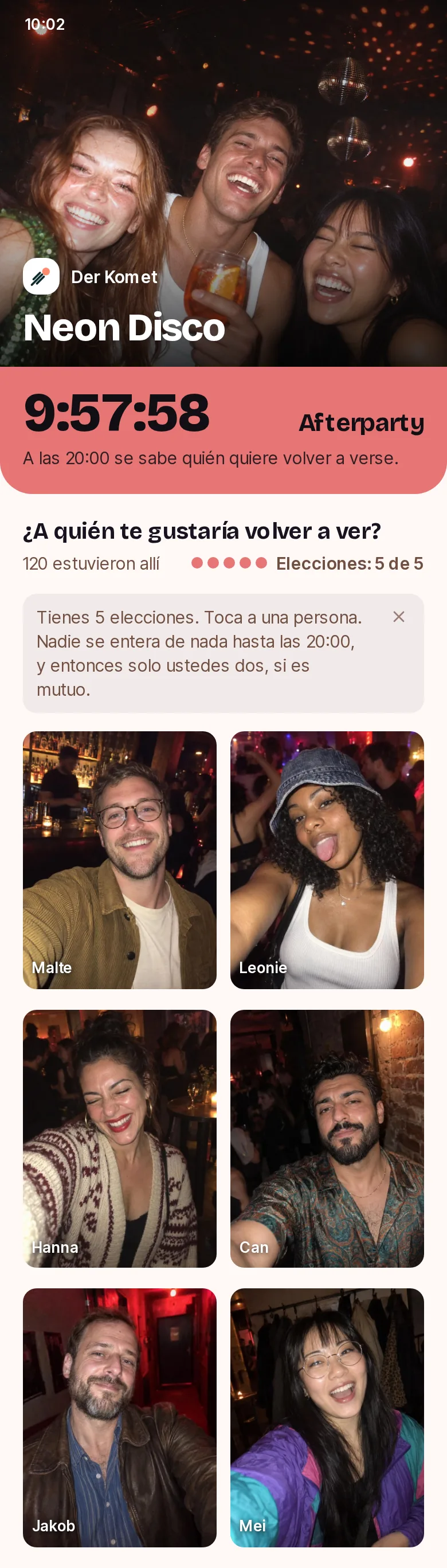 Ejemplo de la afterparty de Neon Disco en Der Komet, un anfitrión de ejemplo inventado: las caras de la noche, un contador hasta las 20:00 y hasta cinco elecciones