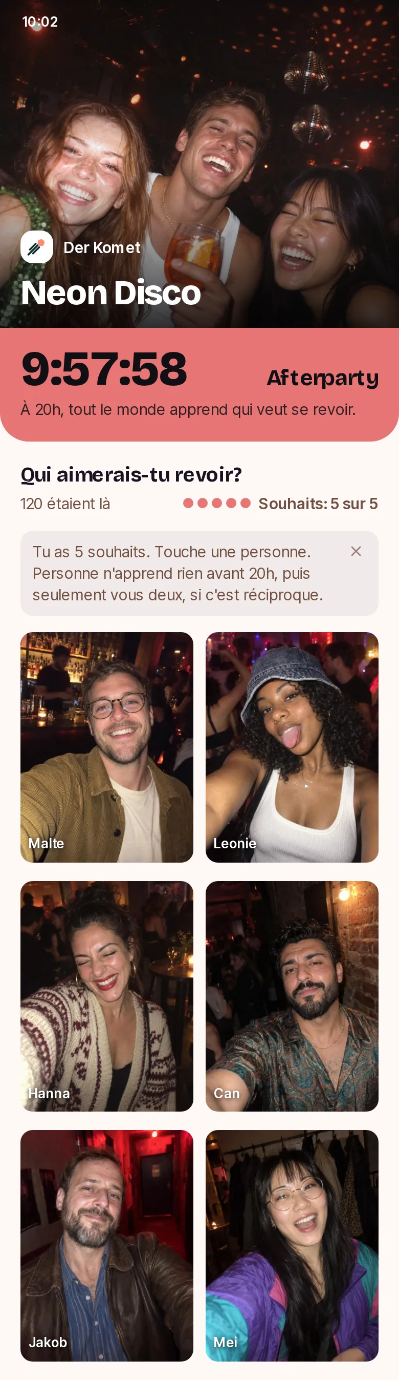 Exemple de l'afterparty de Neon Disco à Der Komet, un organisateur d'exemple inventé: les visages de la soirée, un compte à rebours jusqu'à 20h et jusqu'à cinq souhaits