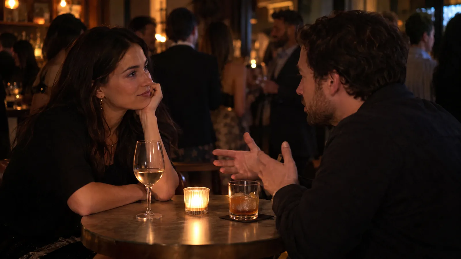 Two guests at a small bar table, one leaning in and listening, the other explaining something