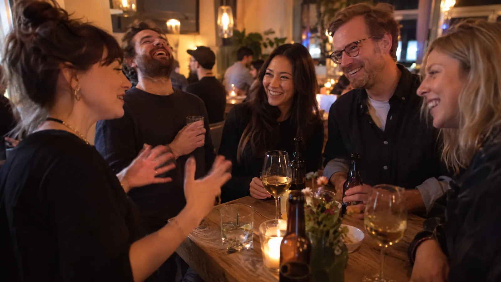 Guests laughing around a high table in a bar during a relaxed mixer while one woman tells a story