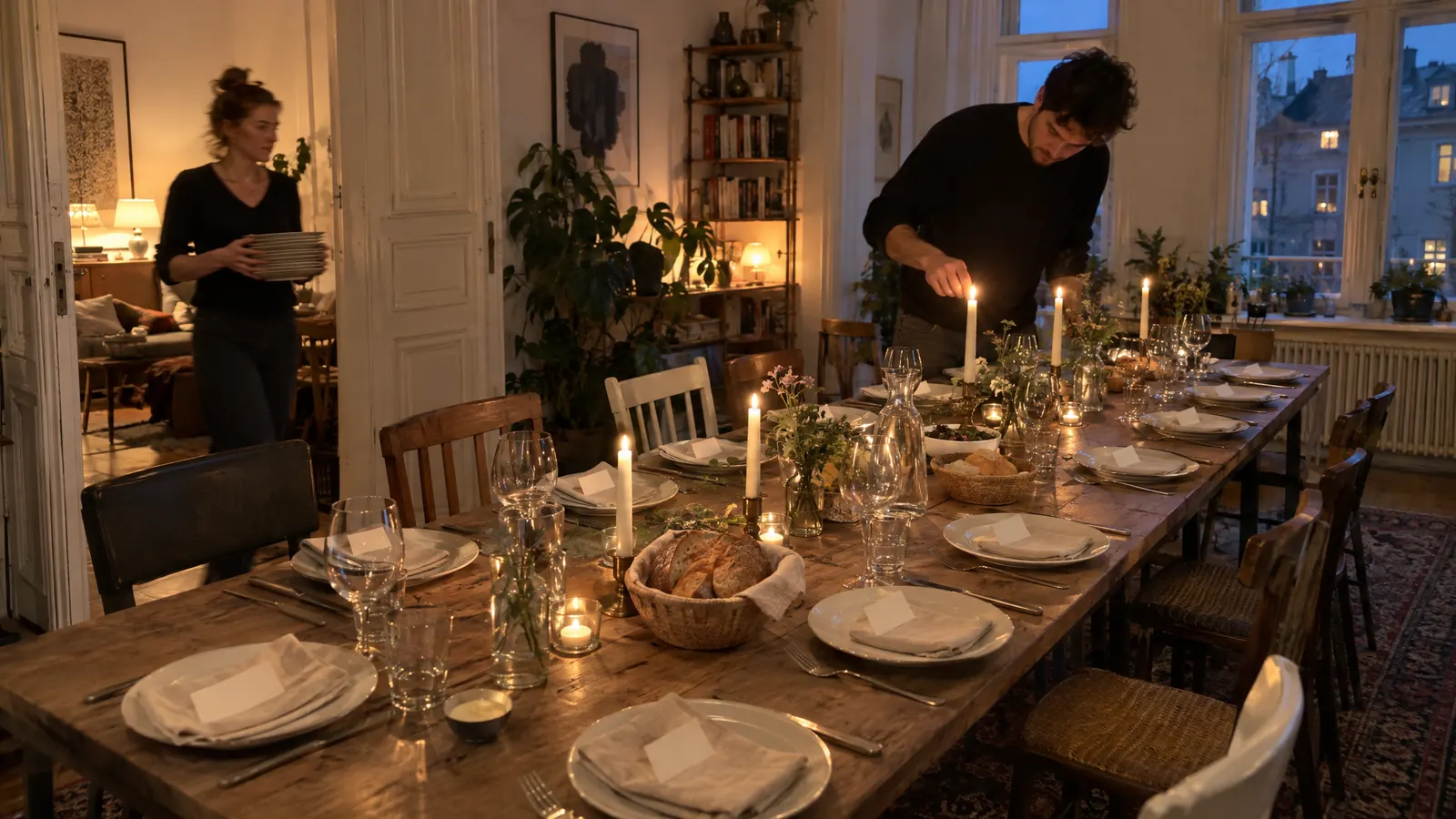 A long set table in a Berlin living room, a man lights the last candles while a woman carries in plates