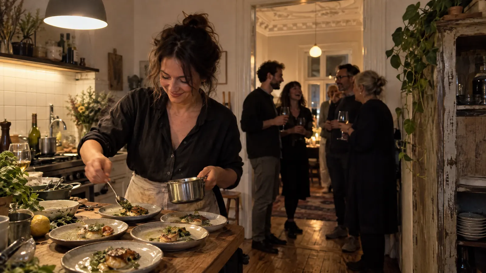 A host spoons sauce onto plates in an old Berlin apartment kitchen while guests with wine glasses laugh in the doorway