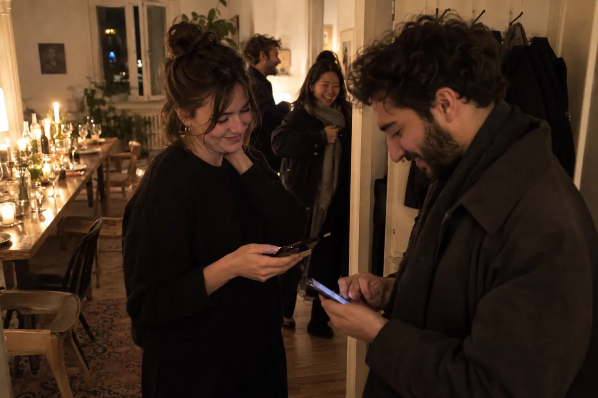 Two guests swapping numbers by the coats at the end of a supper club, candlelit table behind them