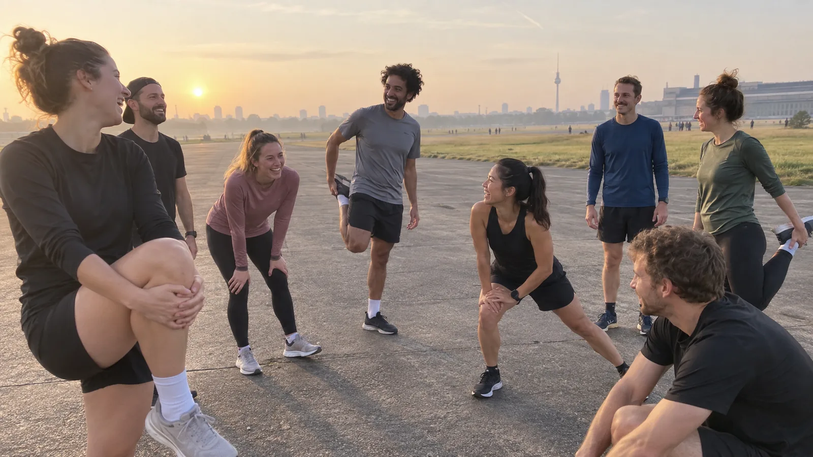 A mixed group of runners laughing while warming up on Tempelhofer Feld in soft morning light