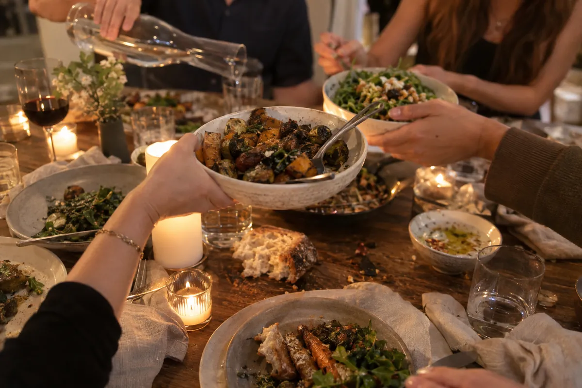 Hands passing bowls of roasted vegetables and salad across a candlelit wooden table