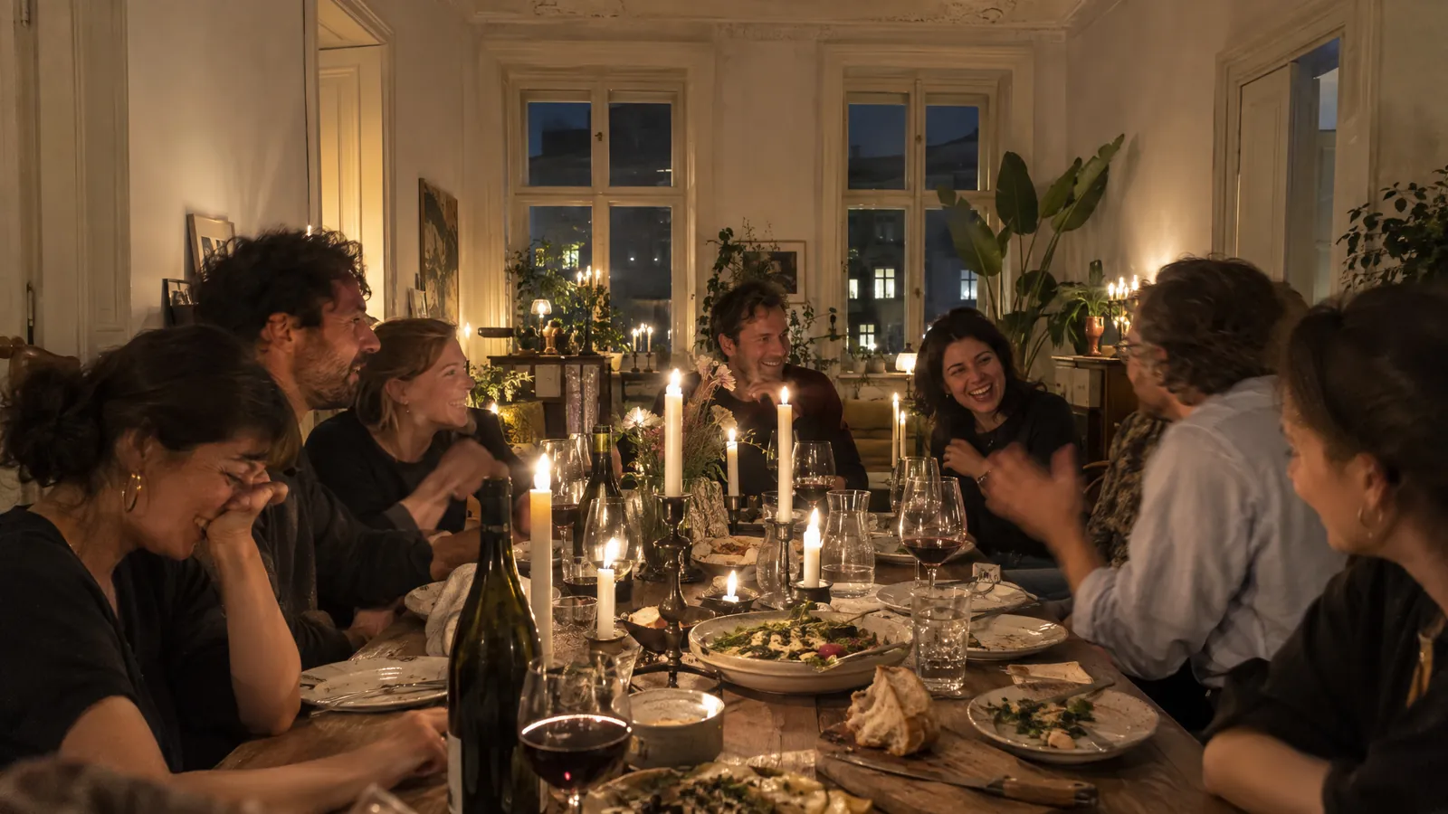 Guests laughing around a long candlelit table in a Berlin Altbau apartment with tall windows and stucco ceilings
