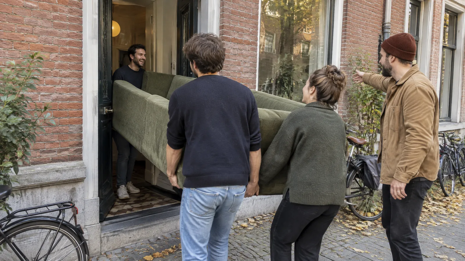 A few friends in their late twenties and thirties carry a second-hand sofa through the narrow front door of a brick townhouse on a bright autumn afternoon; one walks backwards laughing, two hold the other end, one directs with an outstretched arm, bikes leaning against the facade beside them