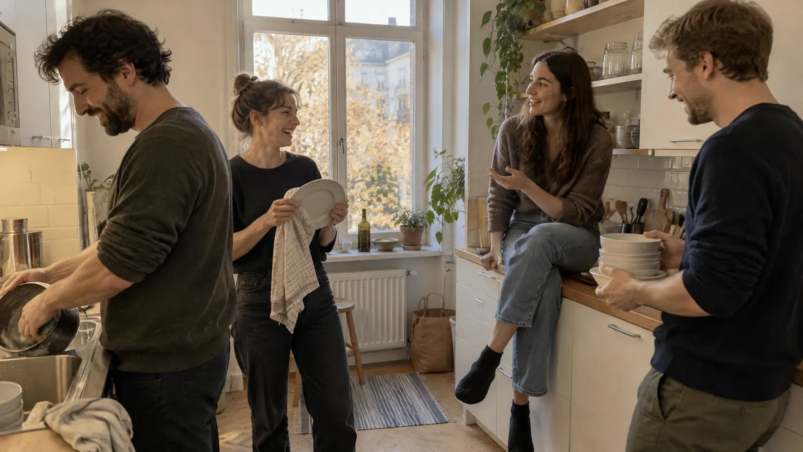 Four friends in their late twenties and thirties washing up together in the bright kitchen of a shared flat in an old tenement building on a Sunday afternoon; one scrubs a pot with his sleeves rolled up, one dries a plate laughing, one sits on the worktop telling a story, one stacks bowls, autumn light falling through the tall window