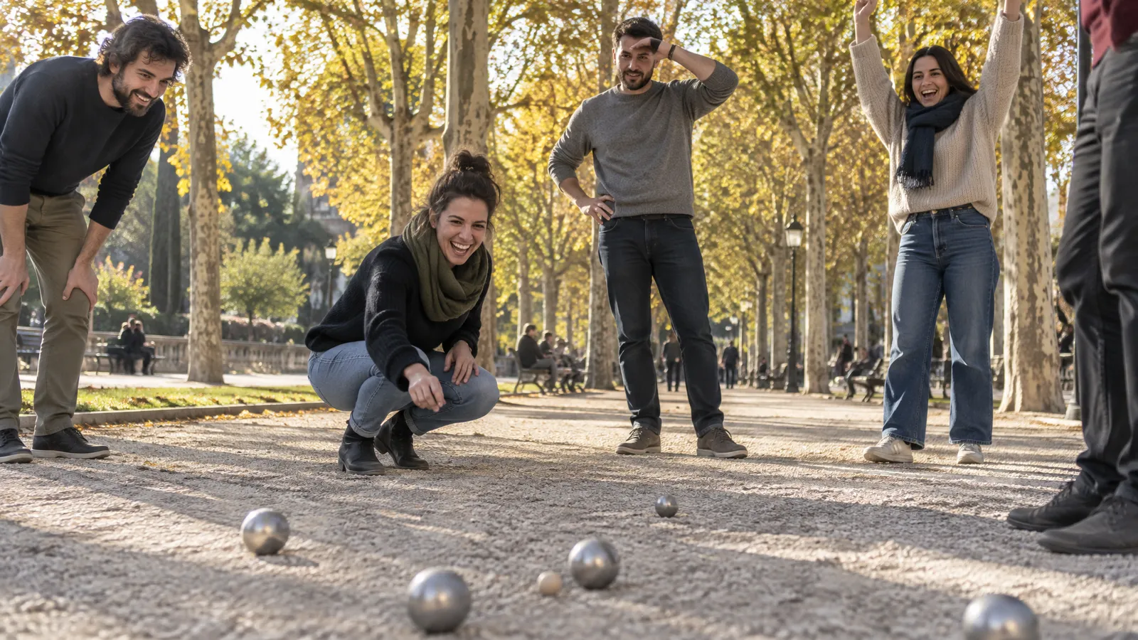 A few friends in their late twenties and thirties playing boules on a gravel path under plane trees in a park on a clear, sunny late-autumn afternoon; one woman crouches laughing as her ball rolls close to the jack, one man shades his eyes to judge the distance, another cheers with both arms up, low sun through the yellow leaves