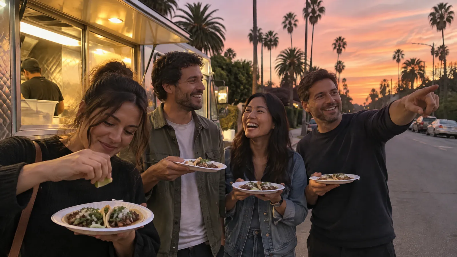 A few people around a taco truck parked on a quiet residential street at dusk, paper plates in hand; one squeezes a lime over her tacos, two laugh, one points down the street, palm trees against a pink and orange sky behind them