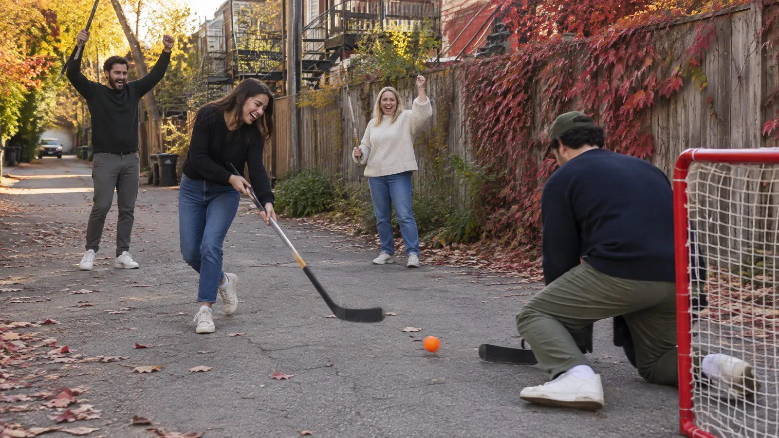 A few friends in their late twenties and thirties playing a casual game of ball hockey in a quiet back lane on a bright fall afternoon; a young woman laughs as she shoots the ball past a man crouched in a small net, two others raise their sticks and cheer, red ivy on the wooden fences behind them
