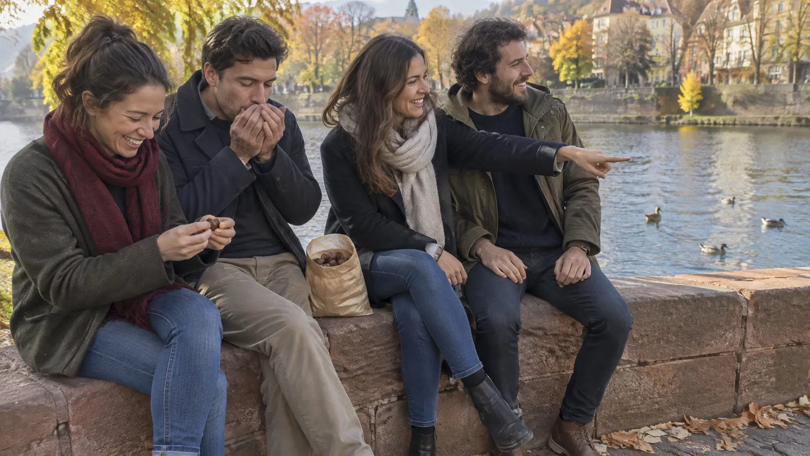Four friends in their late twenties and thirties sitting on a low red sandstone wall by the river on a bright October afternoon, sharing hot roasted chestnuts from a paper bag; one laughs as she peels a chestnut, one blows on his fingers, one points at ducks on the water, old house fronts and autumn trees blurred on the far bank