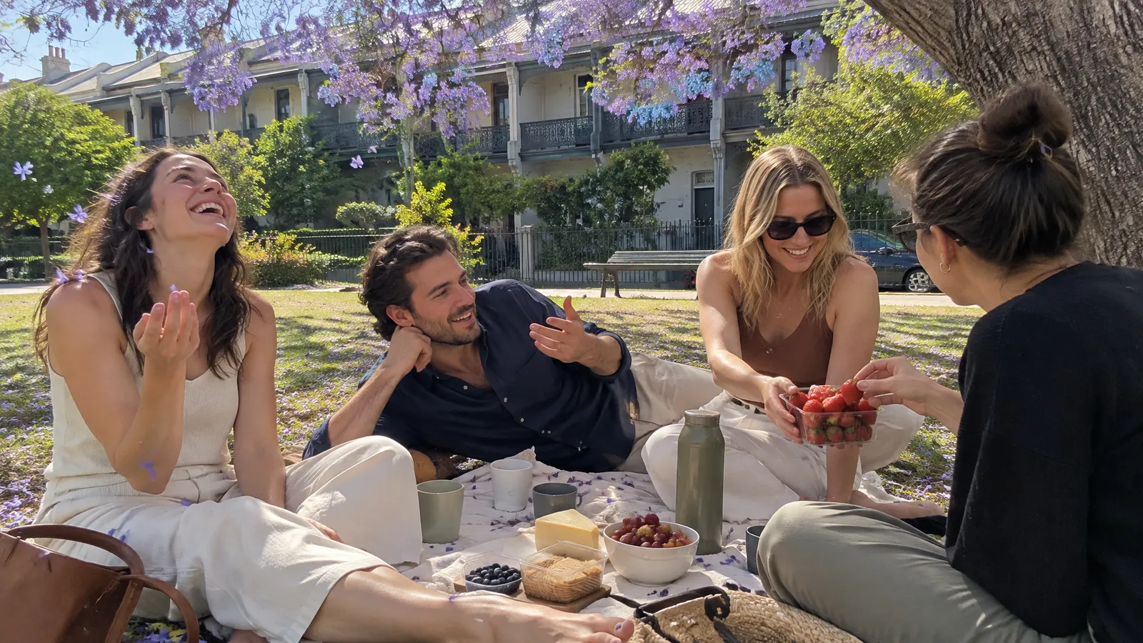 A few friends in their late twenties and thirties on a picnic rug under a flowering jacaranda in a neighbourhood park on a bright spring afternoon; one laughs as purple petals fall into her hair, one passes round a punnet of strawberries, one leans on his elbow telling a story, a row of terrace houses with iron lace balconies behind them