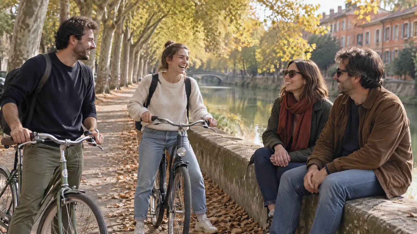 Quatre amis d'une trentaine d'années se sont arrêtés à vélo sur un chemin de halage bordé de platanes, un après-midi d'automne lumineux; deux sont assis sur le muret de pierre, une jeune femme rit en tenant son vélo, des feuilles mortes au sol et des maisons de brique rose au loin