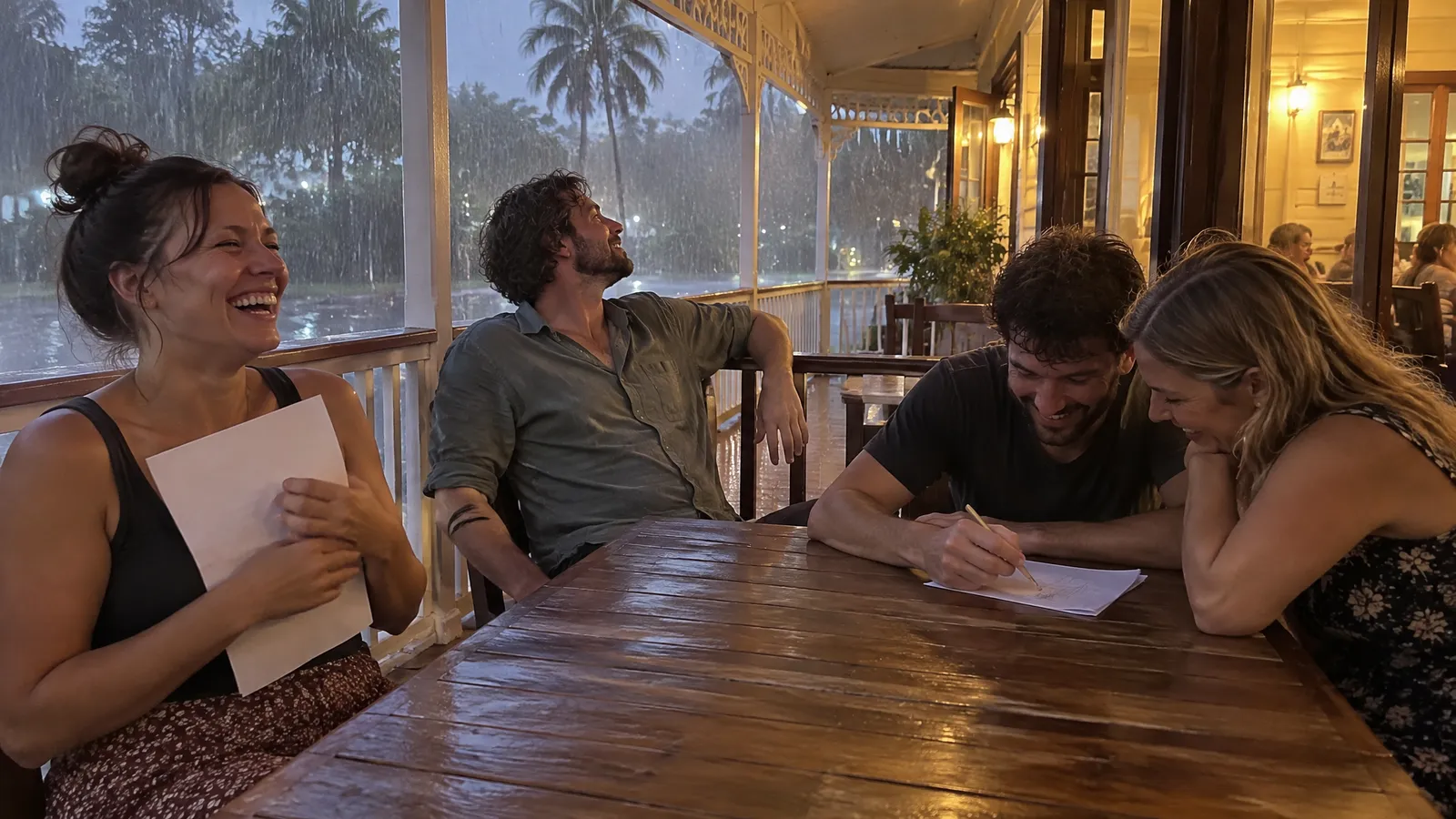 A team of four in their late twenties and thirties at a timber table on the wide covered verandah of an old timber pub with white lattice and railings, on a warm evening while a summer storm pours down beyond the railing; one woman holds the answer sheet to her chest laughing, one man leans back to watch the rain, two others bend over a pencil together, warm light falling from the open doors behind them
