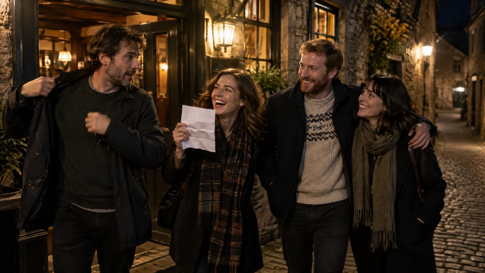 Four friends in their late twenties and thirties stepping out of a pub door onto a narrow cobbled lane on a dry autumn night after a quiz; one woman holds up the crumpled answer sheet and laughs, one man pulls on his coat mid-sentence, two others link arms, warm light falling from the doorway and the small windows behind them