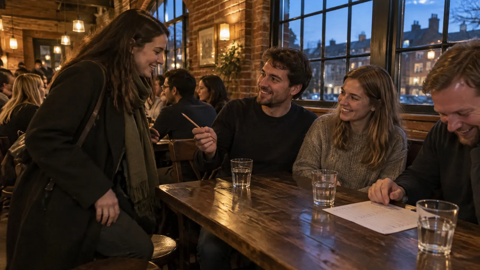 A woman in her late twenties, still in her coat with a bag over her shoulder, stops at a quiz team's table in a busy pub with bare red-brick walls and tall arched windows on an autumn evening; a man holds out a pencil to her with a smile, the woman beside him smiles up at her, a fourth laughs as he points at the answer sheet, warm lamp light and the last blue of the evening in the windows