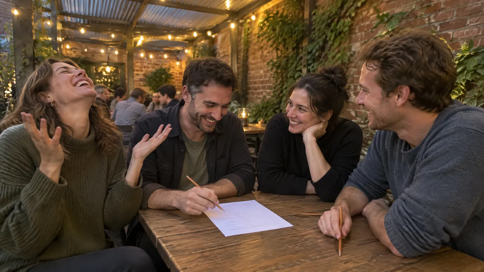 A team of four in their late twenties and thirties at a timber table in the covered courtyard of an old corner pub on a mild spring evening, festoon lights under a corrugated iron roof and a vine climbing the brick wall behind them; one woman throws up her hands laughing at the last answer, one man taps the answer sheet with his pencil, two others grin at each other, warm evening light