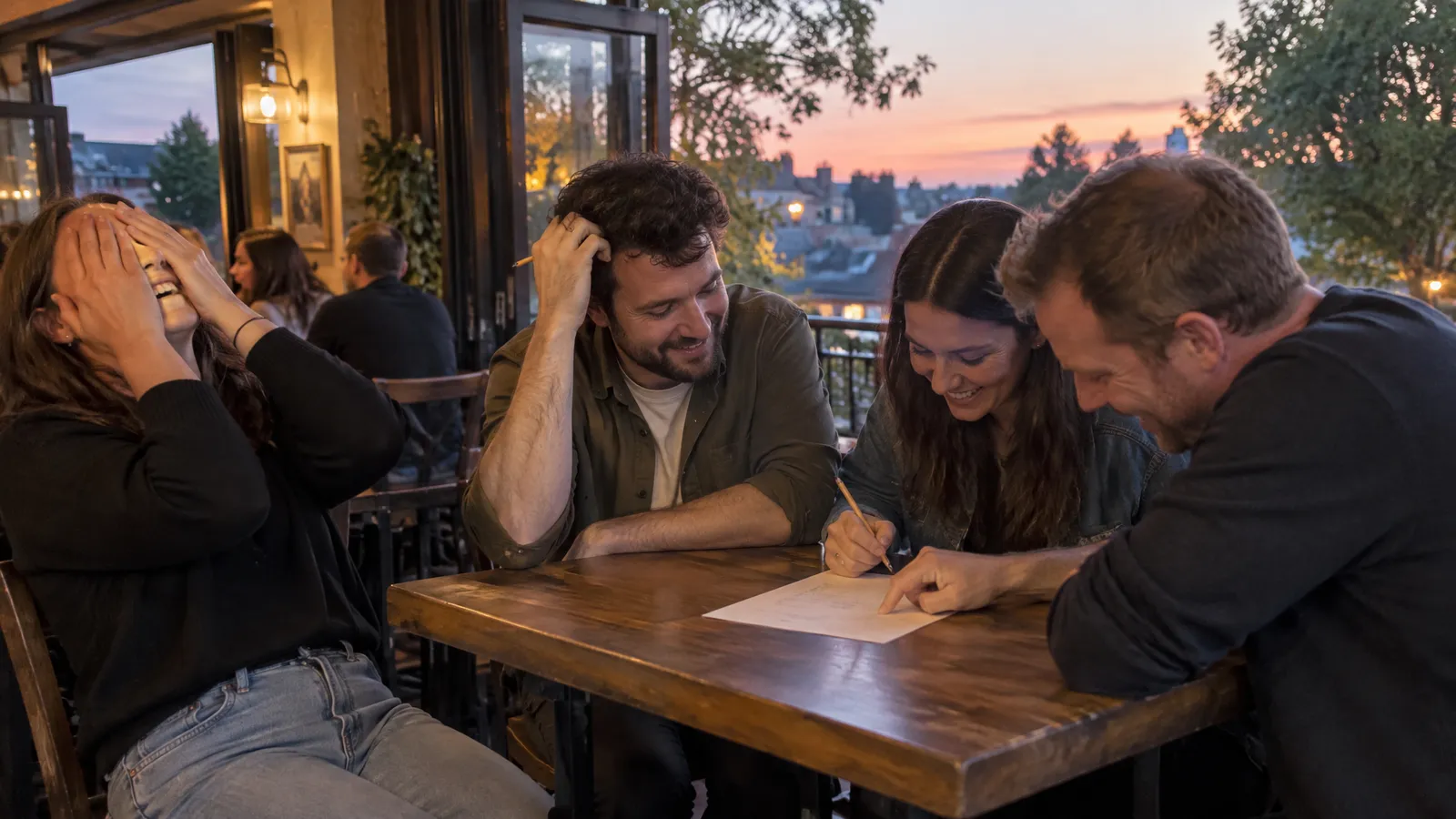 A team of four in their late twenties and thirties at a high table beside wide-open folding windows in a corner pub on a warm spring evening, the last pink light in the sky outside; one woman leans back laughing with both hands over her face, one man scratches his head with a pencil, two others lean over the answer sheet