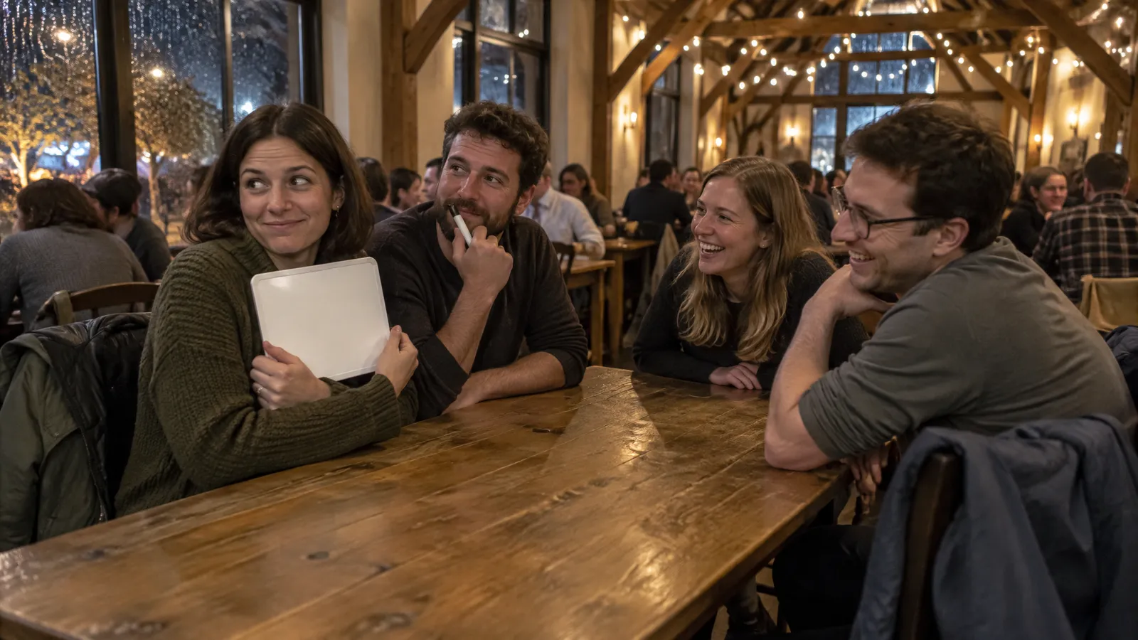 A quiz team of four in their late twenties and thirties at a long wooden communal table in a high-ceilinged room with exposed timber beams on a fall evening, rain jackets hung over the backs of their chairs; one woman holds a small whiteboard to her chest with a sly grin so the next table can't see the answer, one man taps a marker against his chin, two others lean in laughing, warm string lights under the beams