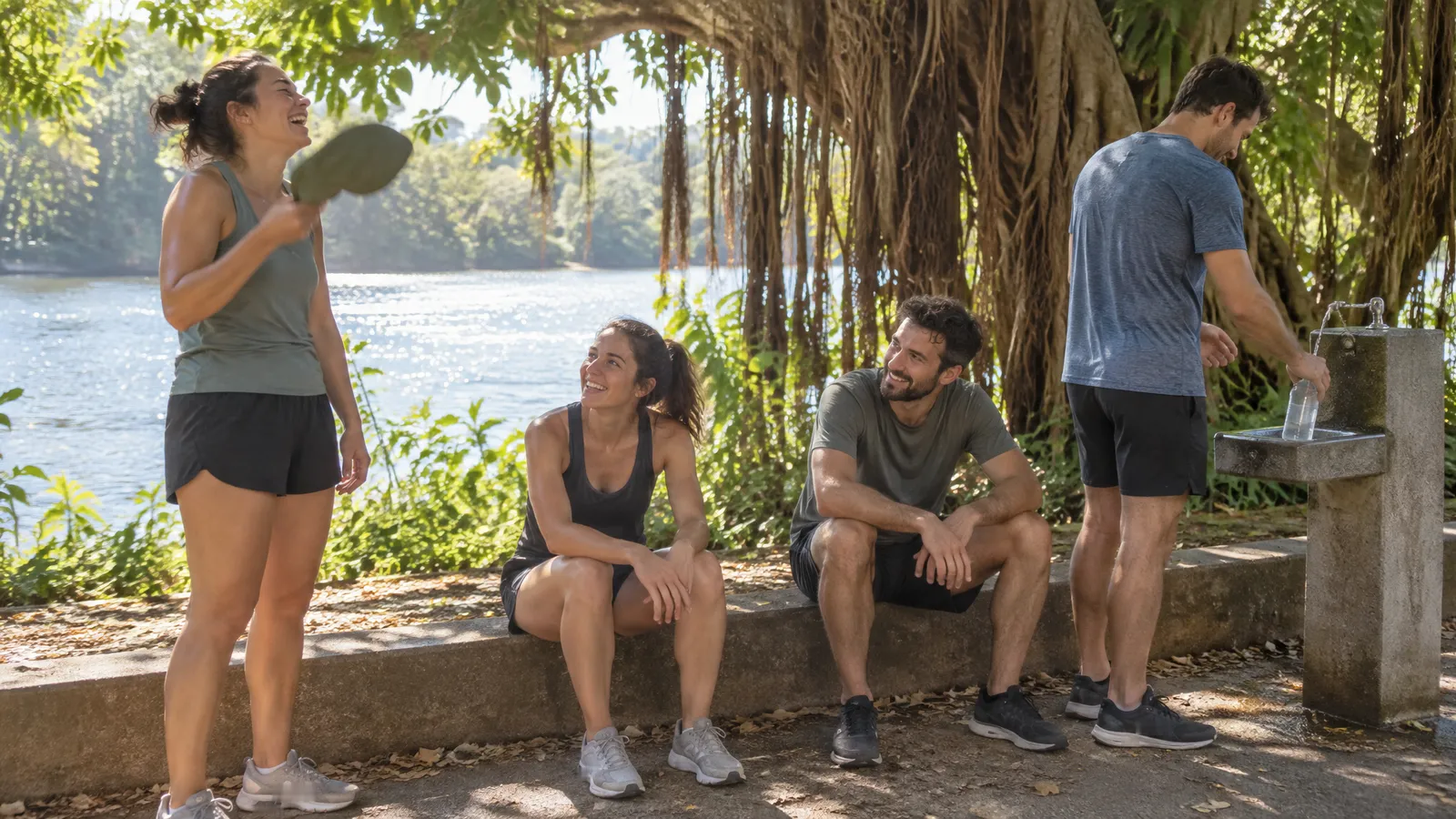 Runners in their late twenties and thirties catching their breath in the shade of a huge fig tree with hanging aerial roots beside a riverside path on a bright, warm early morning after their run; one woman laughs as she fans herself with her cap, two sit on the low concrete edge of the path, one man refills his water bottle at a drinking fountain, the river glinting in the sun behind them