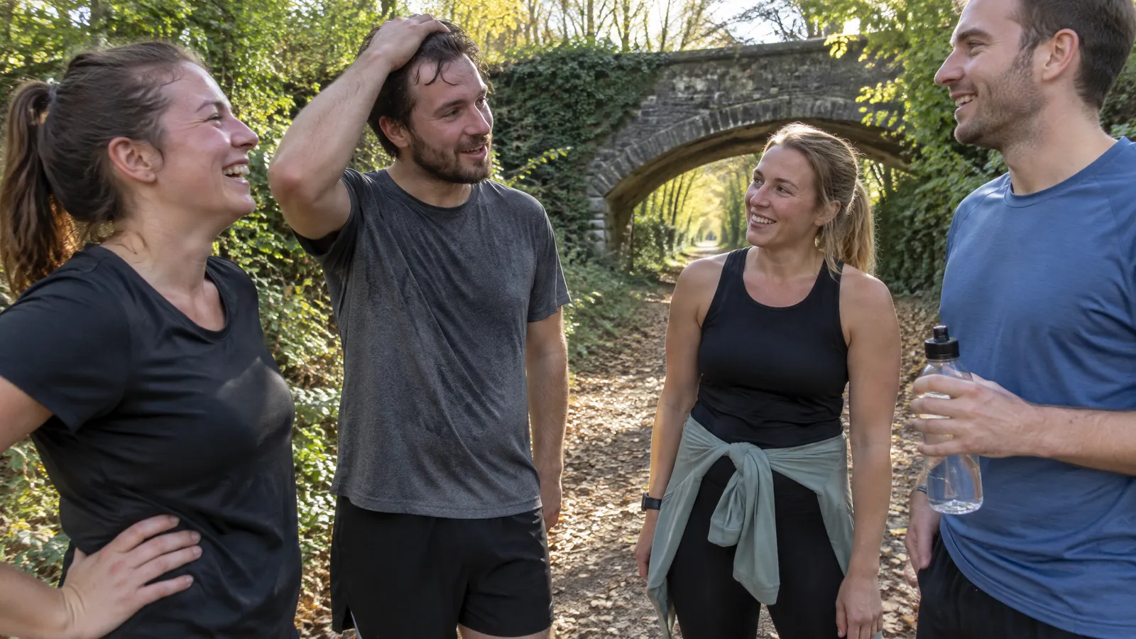 Four runners in their late twenties and thirties catching their breath and chatting on a leafy former railway path on a bright Sunday morning after their run, an old stone bridge with ivy behind them; one woman laughs with her hand on her hip, a man pushes his damp hair back mid-sentence, another woman listens smiling with a light jacket tied round her waist, a man holds a water bottle