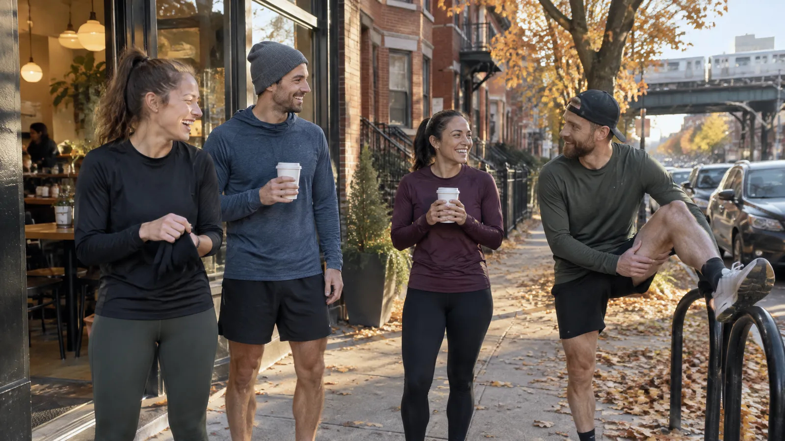 Runners outside a small corner coffee shop on a crisp, bright fall morning after their run; two hold steaming paper cups, one pulls off her gloves laughing, one stretches his leg against a bike rack, red-brick three-flats, orange leaves on the sidewalk and the steel girders of an elevated train line far down the street