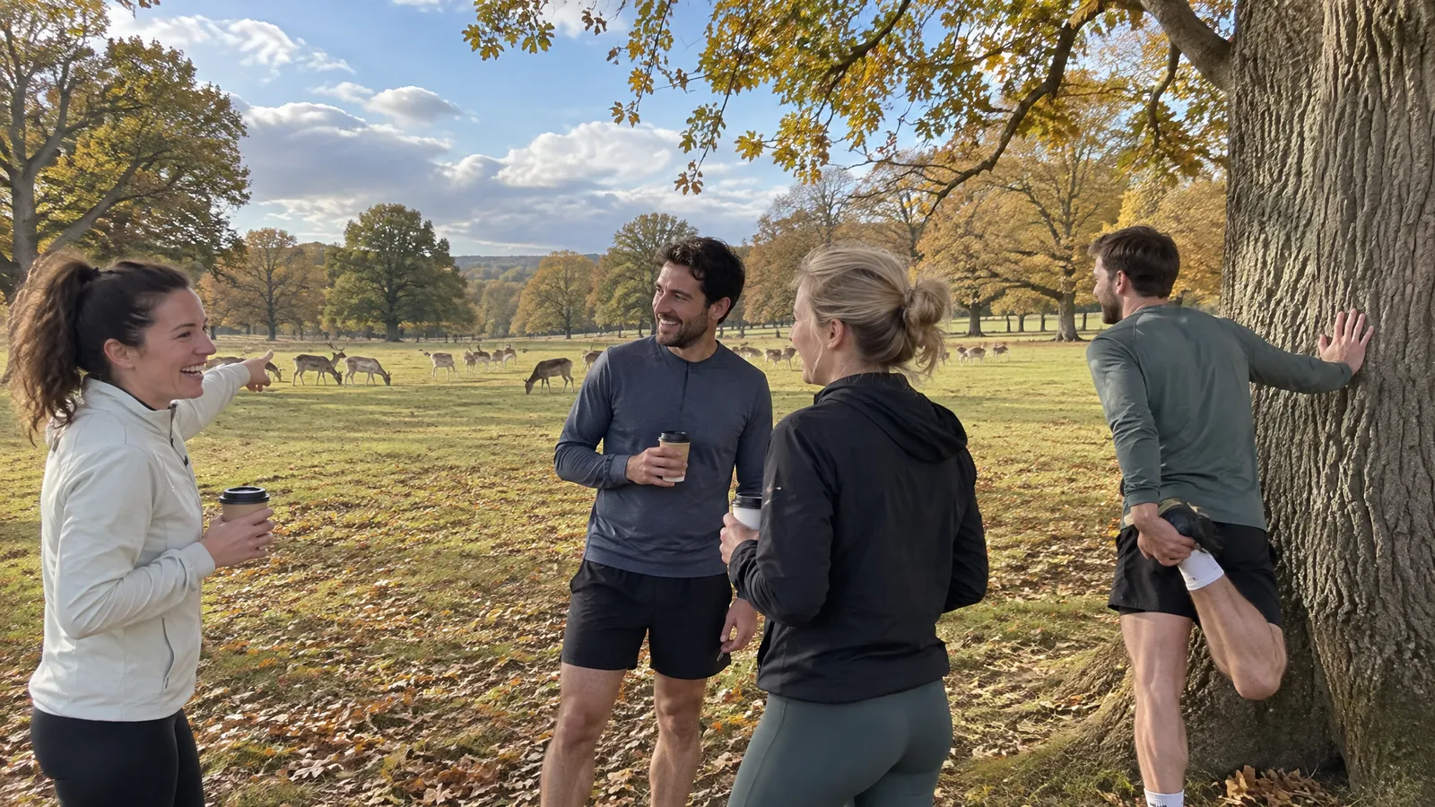Runners in their late twenties and thirties catching their breath on a bright, breezy autumn morning in wide, open parkland with old oak trees, a herd of fallow deer grazing far behind them; one woman laughs and points towards the deer, a man stretches his calf against an oak trunk, two others chat over takeaway coffee cups, fallen leaves on the grass and patches of blue sky between low clouds