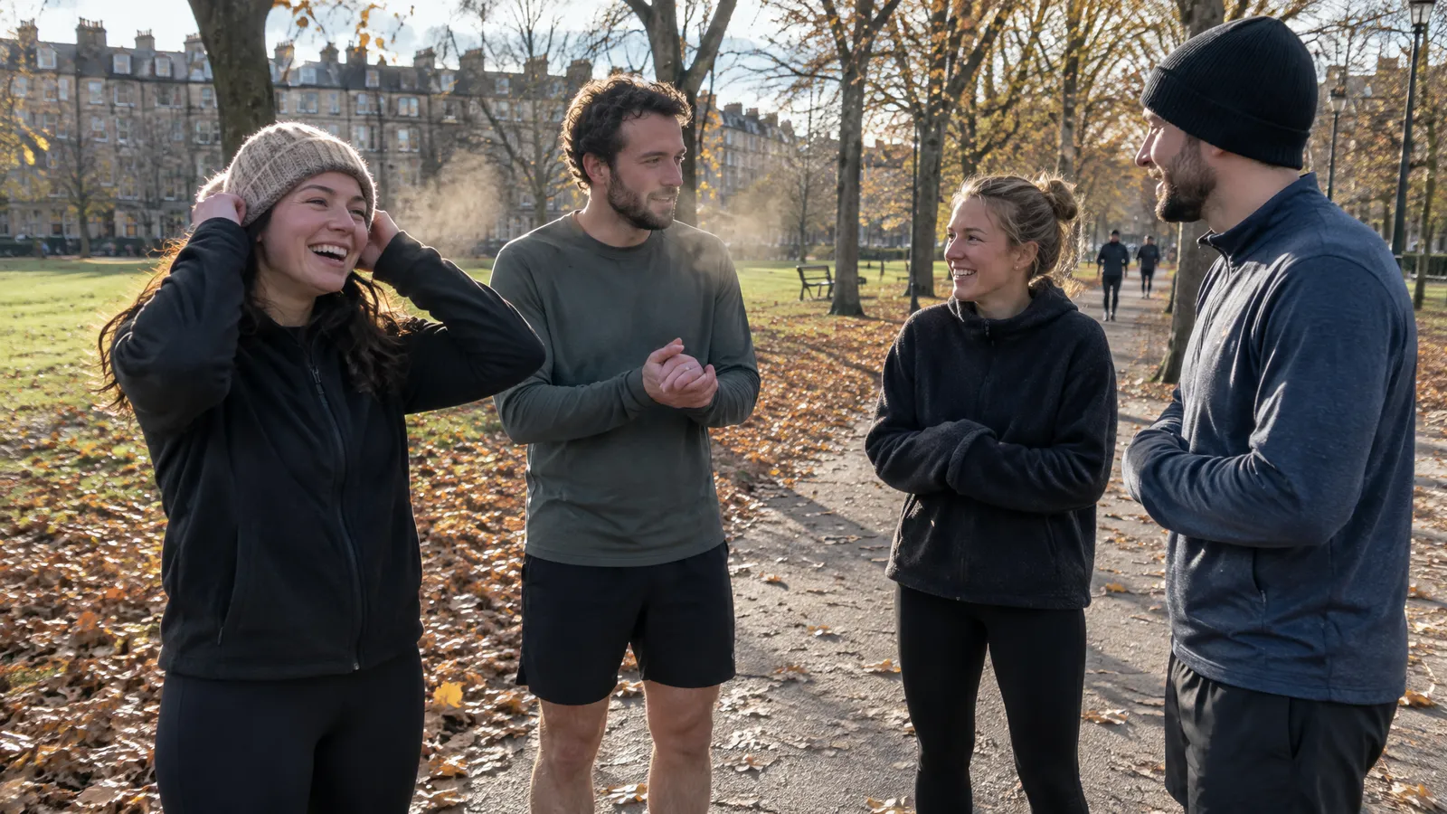 Four runners in their late twenties and thirties chatting at the edge of a flat city park on a cold, bright autumn morning, their breath steaming in the air; one woman laughs as she pulls her knitted hat down over her ears, a man rubs his hands together, a woman in a fleece smiles with her hands tucked into her sleeves, a man in a dark hat turns to her mid-sentence, fallen leaves on a long tree-lined path and old sandstone tenements beyond the trees