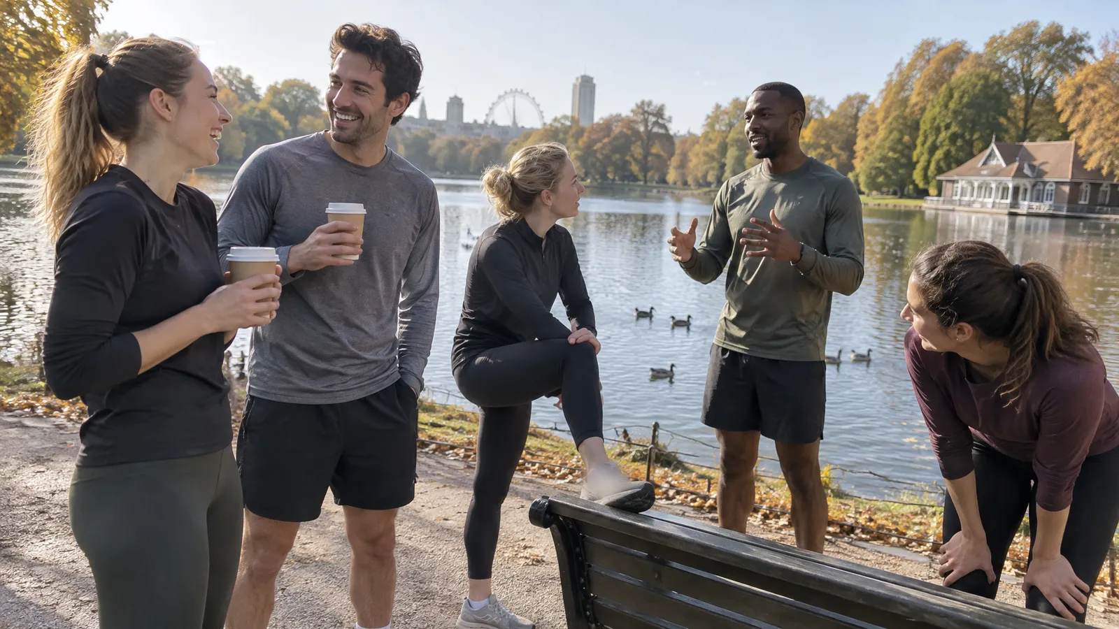 Runners catching their breath on a bright autumn morning by a lake in a London park; two laugh with takeaway coffee, one stretches her leg on a bench, one tells a story with his hands, autumn trees, a boathouse and the London Eye behind them