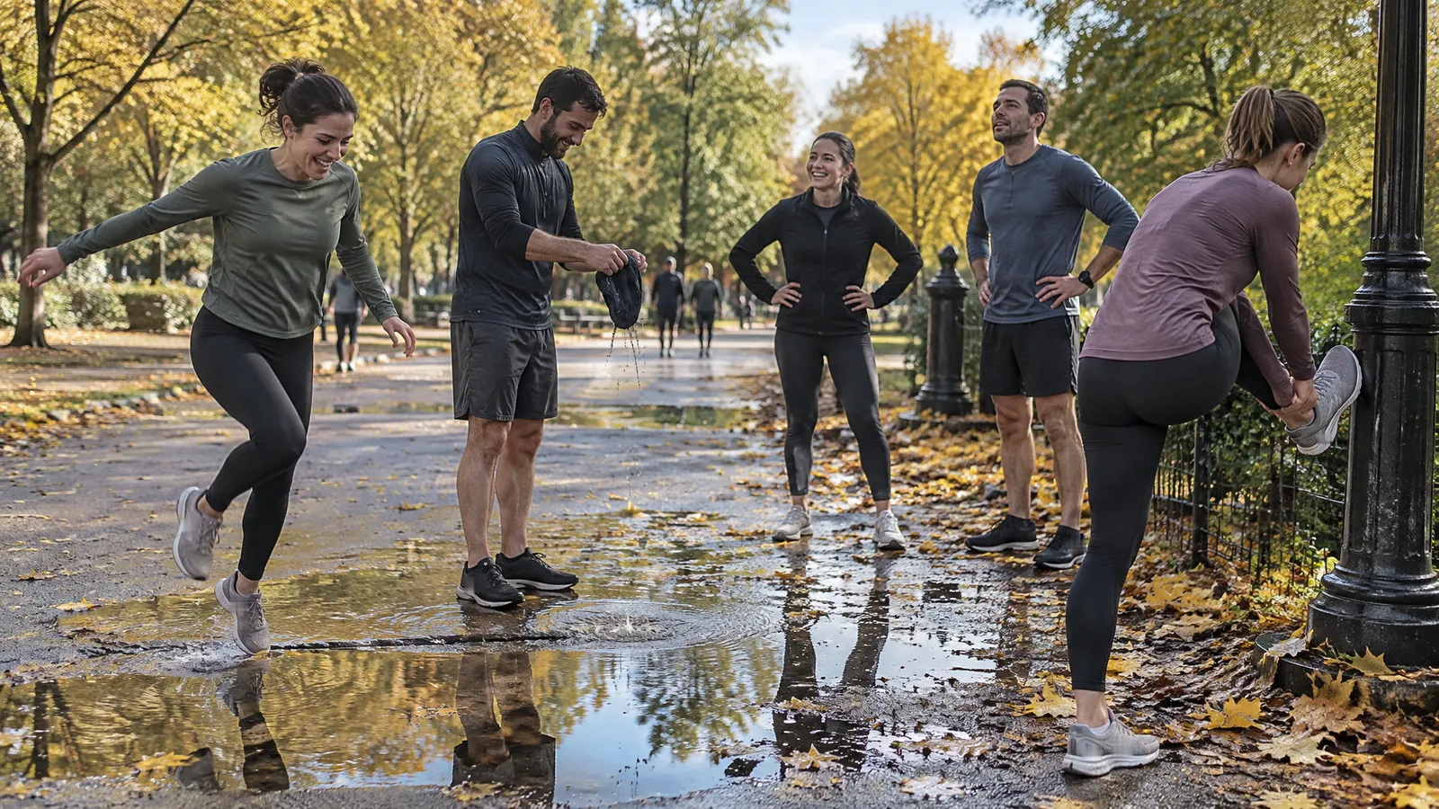 Runners in their late twenties and thirties on a wide path through a city park on a bright autumn morning just after a rain shower, puddles mirroring the blue sky; one woman laughs as she hops over a puddle, one man wrings out his cap, one stretches her calf against a black iron lamp post, two catch their breath with their hands on their hips, wet yellow leaves on the path
