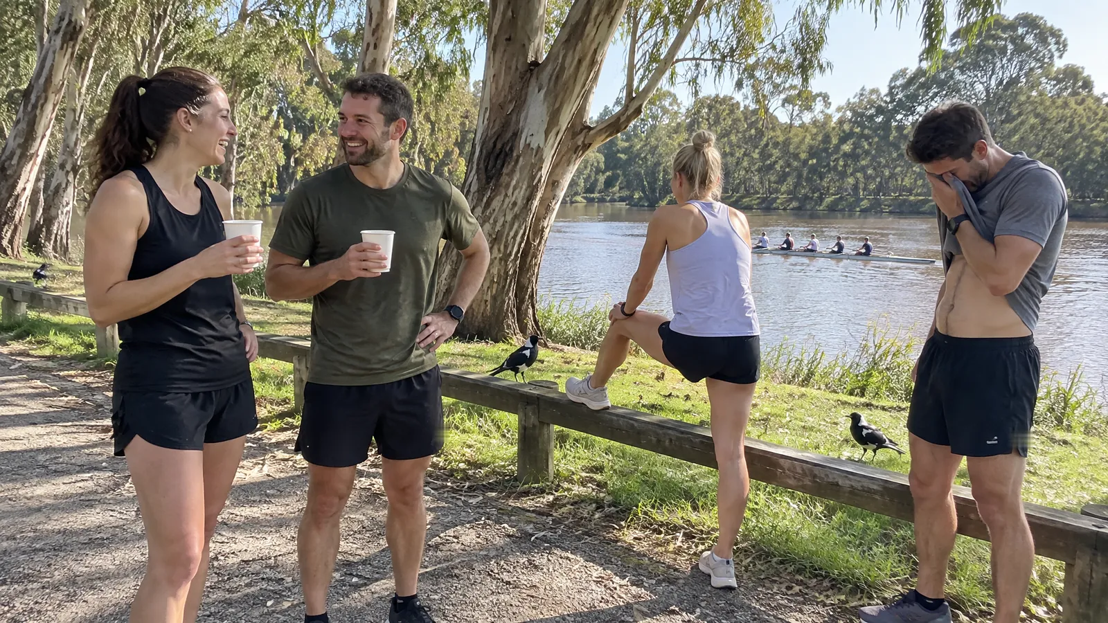 Runners catching their breath on a bright spring morning on a crushed-gravel path under tall gum trees beside a river; two laugh over takeaway coffee cups, one stretches her leg on a low timber rail, one wipes his face with the hem of his shirt, magpies on the grass and a rowing crew gliding past on the water behind them