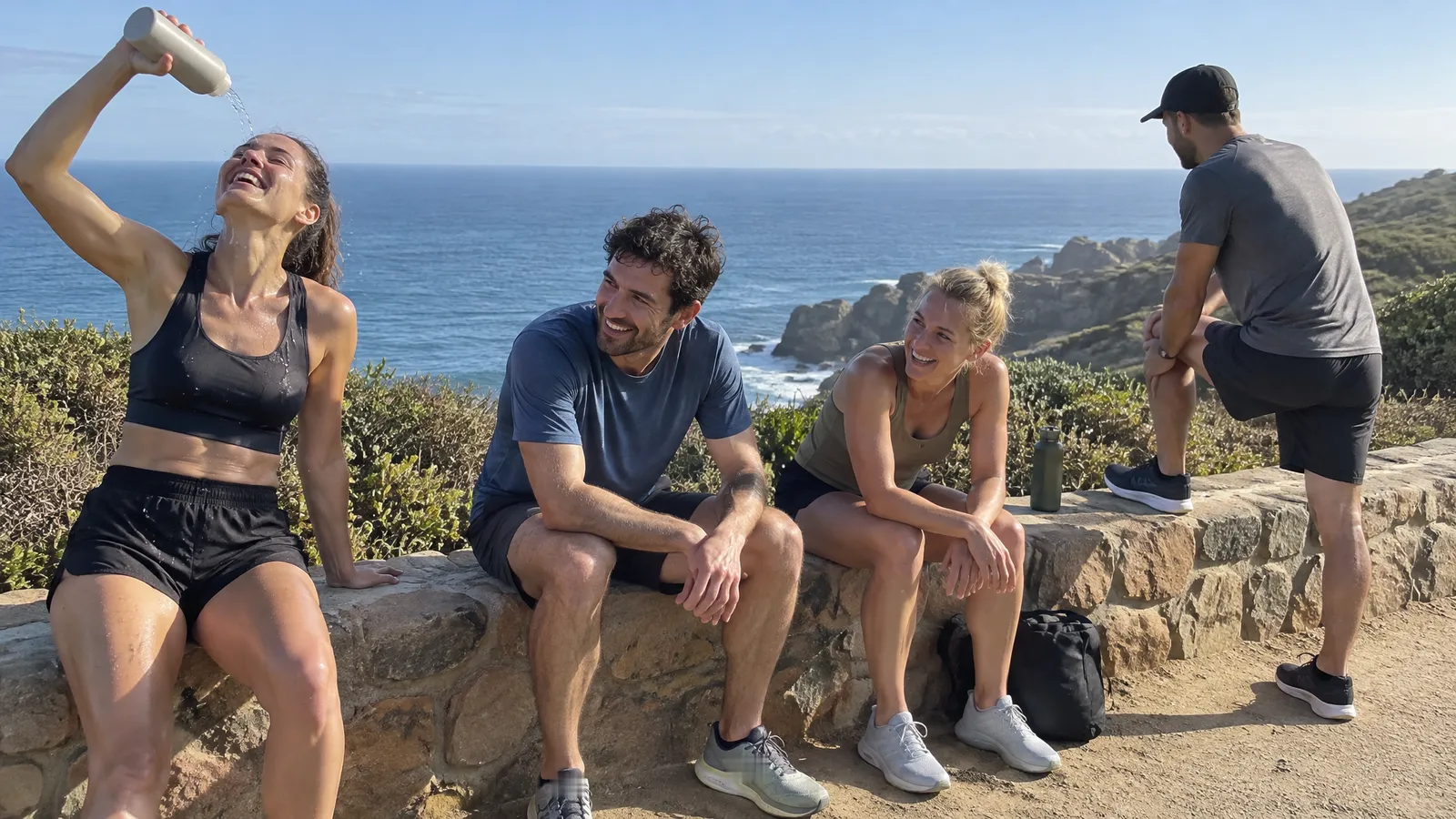 Runners catching their breath on a low sandstone wall along a coastal clifftop path on a bright early morning after their run; one pours water from a bottle over her head laughing, two sit with their elbows on their knees, one rests his foot on the wall, coastal shrubs and the open sea behind them