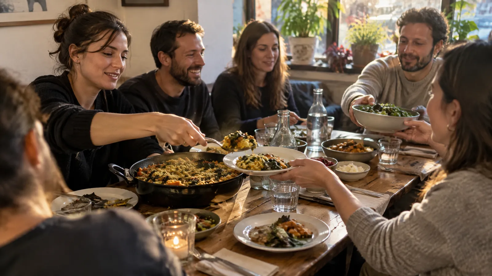 Guests in their late twenties and thirties at a long wooden table in a neighbourhood café in the early evening; a woman spoons vegetable rice from a large pan onto her neighbour's plate, someone passes a bowl of salad along, a man laughs, low autumn sun slanting through the shop window with plants on the sill