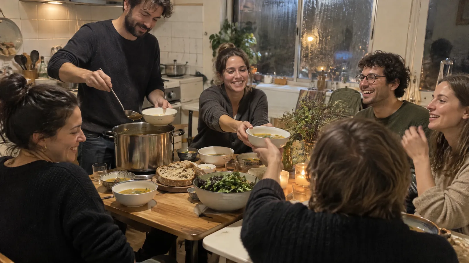 Guests in their late twenties and thirties at tables pushed together in a small community kitchen with white-tiled walls and steamed-up windows on a rainy evening; a man ladles soup from a big pot, a woman passes bowls along, two laugh