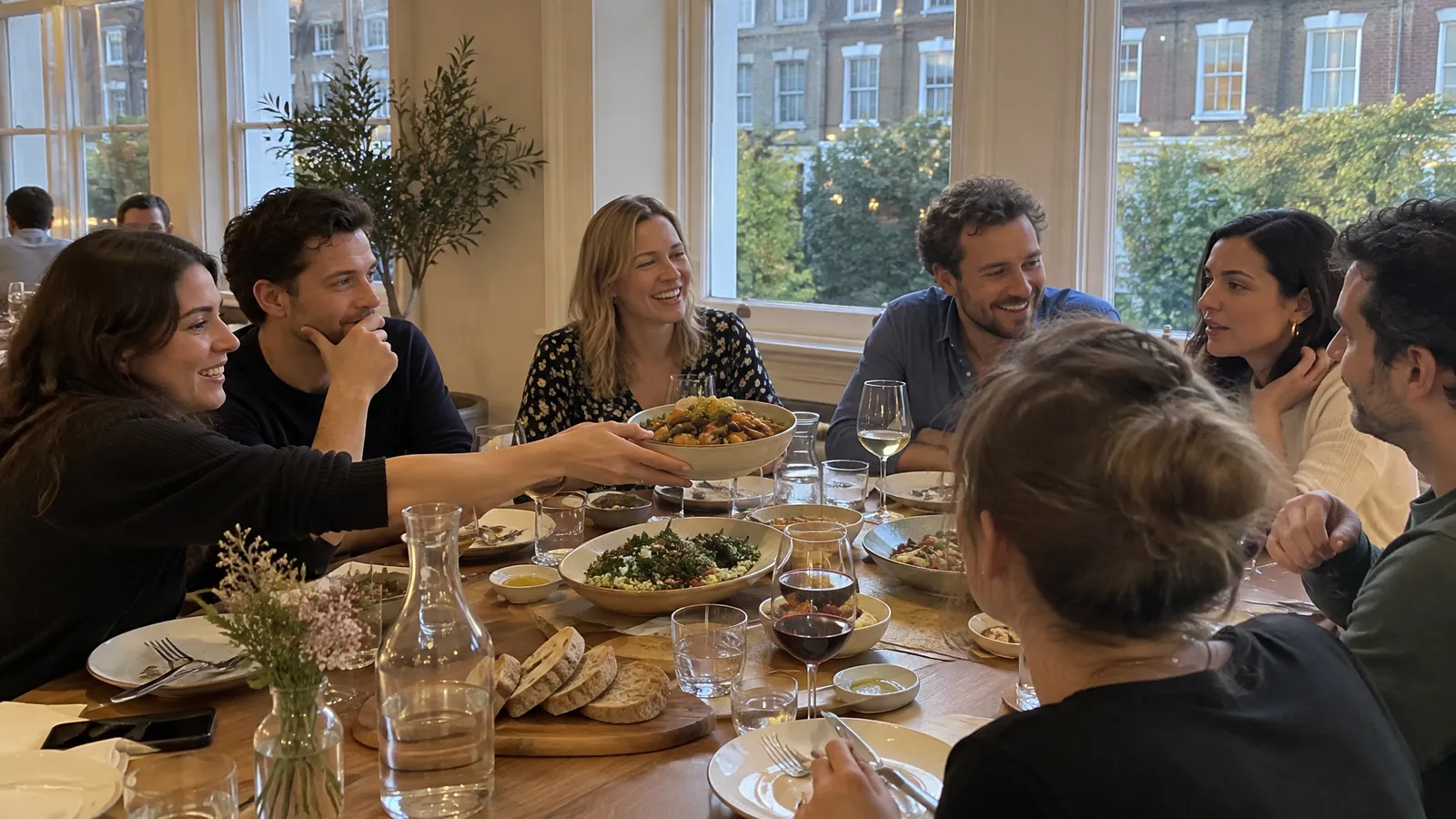 Guests at a large shared table in a bright London restaurant with tall windows onto a brick terrace; one woman passes a bowl across the table, two laugh, one man listens with his chin on his hand, sharing plates, bread and wine between them