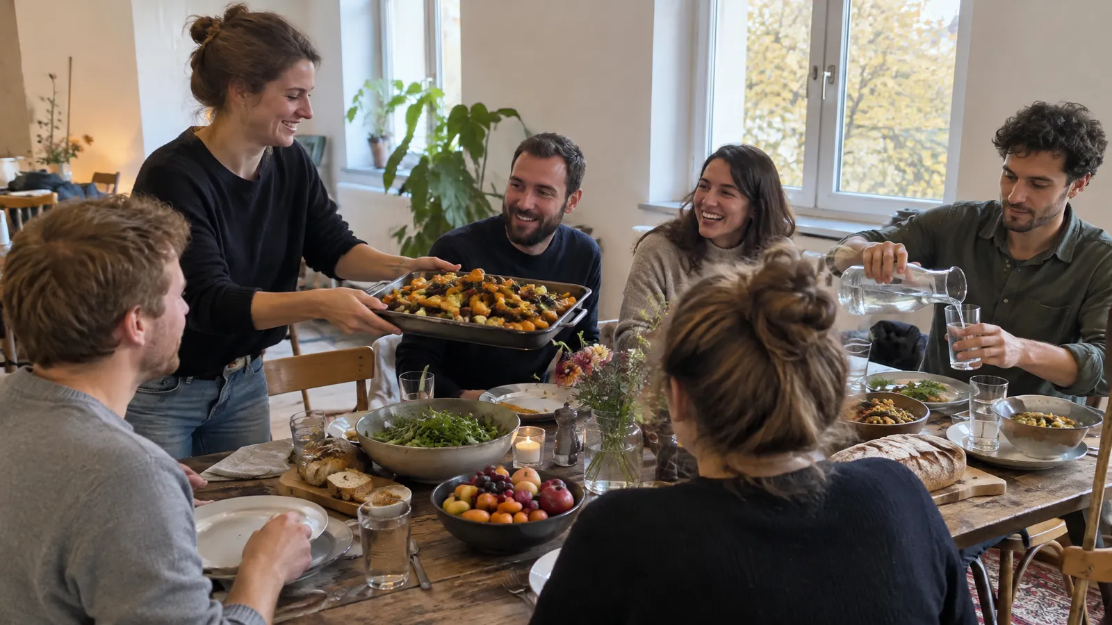 Guests in their late twenties and thirties at pushed-together tables with mismatched chairs in a bright community room on a Sunday morning; one woman passes a large tray of roast vegetables, two laugh, one man pours water from a carafe, bread, bowls of salad and fruit on the table, autumn light through the windows