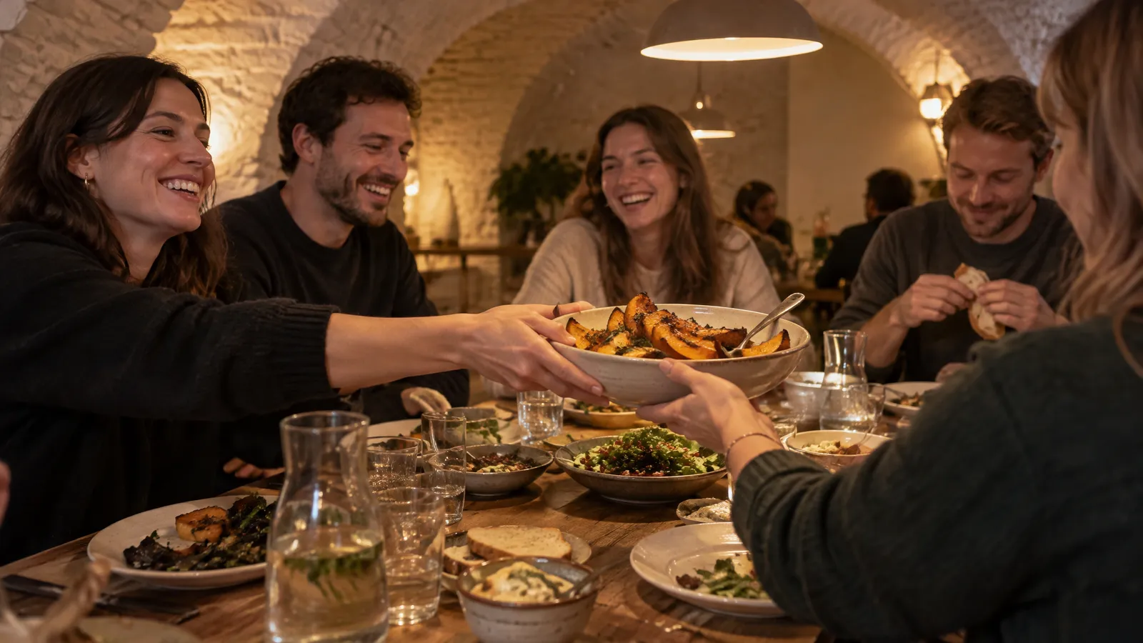 Guests in their late twenties and thirties at a long wooden table in a vaulted cellar with whitewashed brick arches in the evening, warm light from pendant lamps; one woman passes a large bowl of roast pumpkin across the table, two laugh, one man tears off a piece of bread, water carafes and sharing plates between them